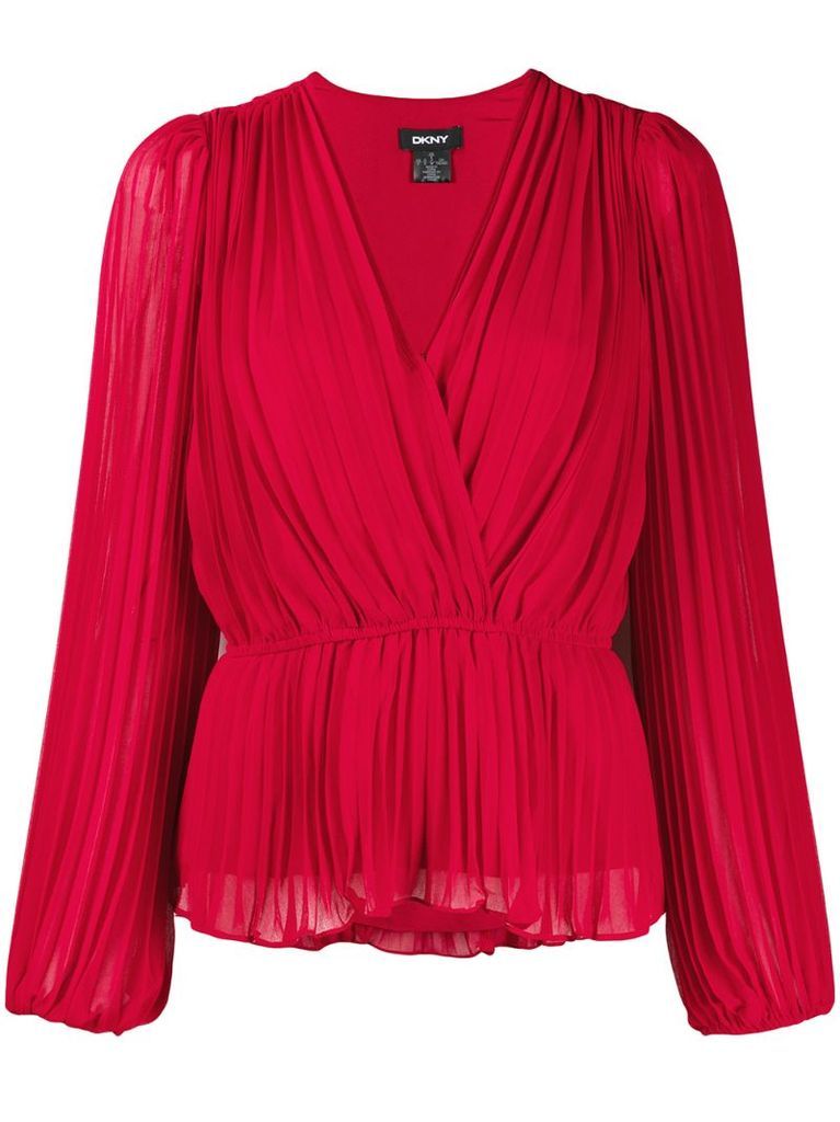 crossover-neck pleated blouse