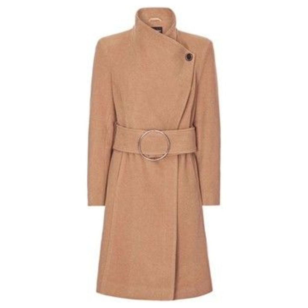 Camel Womens Asymetric Cashmere Buckle Coat  women's Trench Coat in Beige