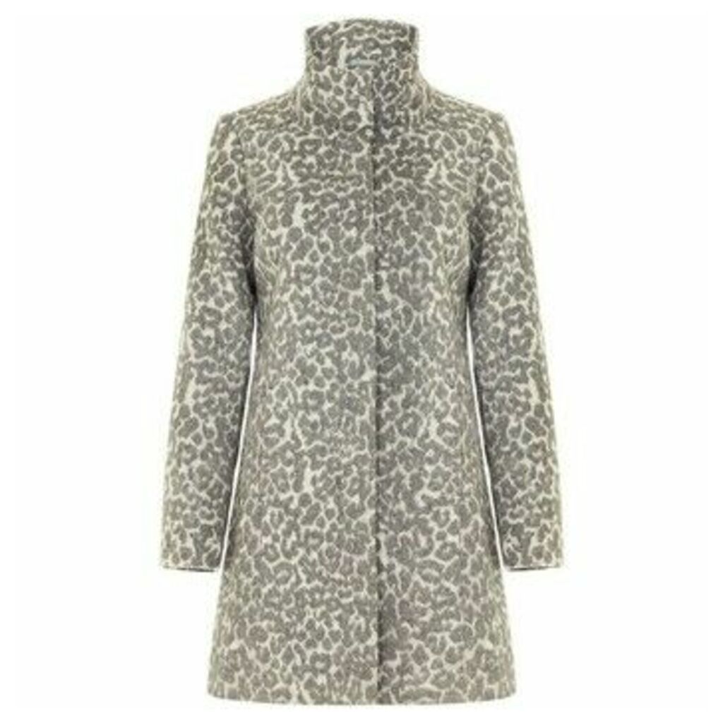 Grey High Neck Leopard Print Wool Winter Coat  in Grey