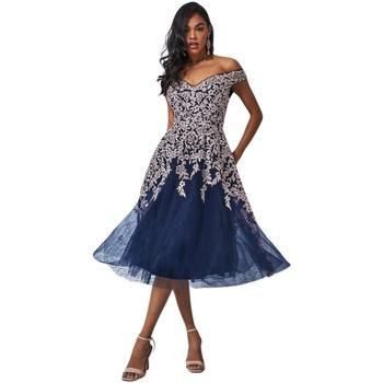 Off The Shoulder Embroidered Midi Dress - Navy  women's Dress in Blue