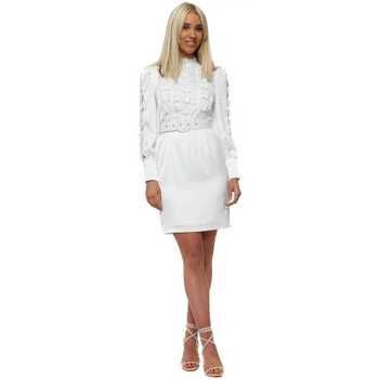White Butterfly Lace Bodice Belted Dress  in White