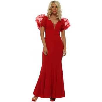 Red Voile Ruffle Shoulder Maxi Dress  in Red