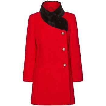 Red Womens Assymetrical Fur Collar Coat  in Red