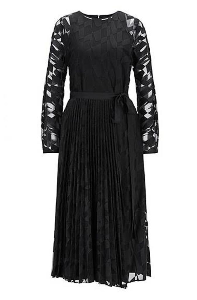 Long-sleeved midi dress in embroidered tulle with plissé skirt