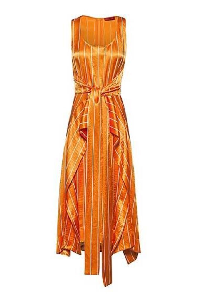 Striped midi dress with tie waist and volant overlay
