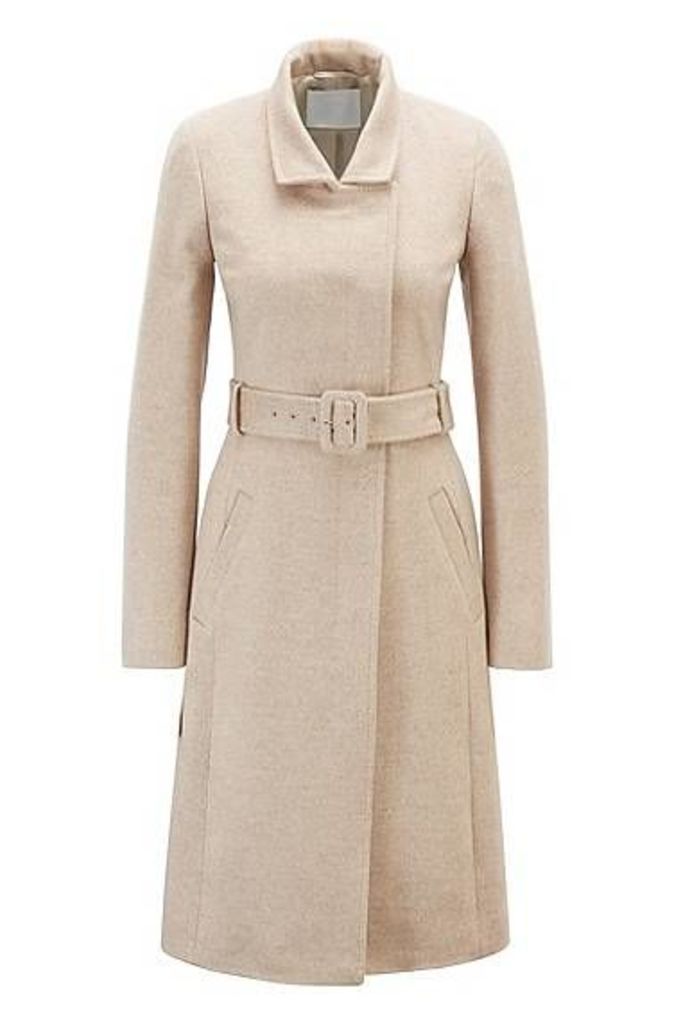 Belted coat in Italian virgin wool with high collar