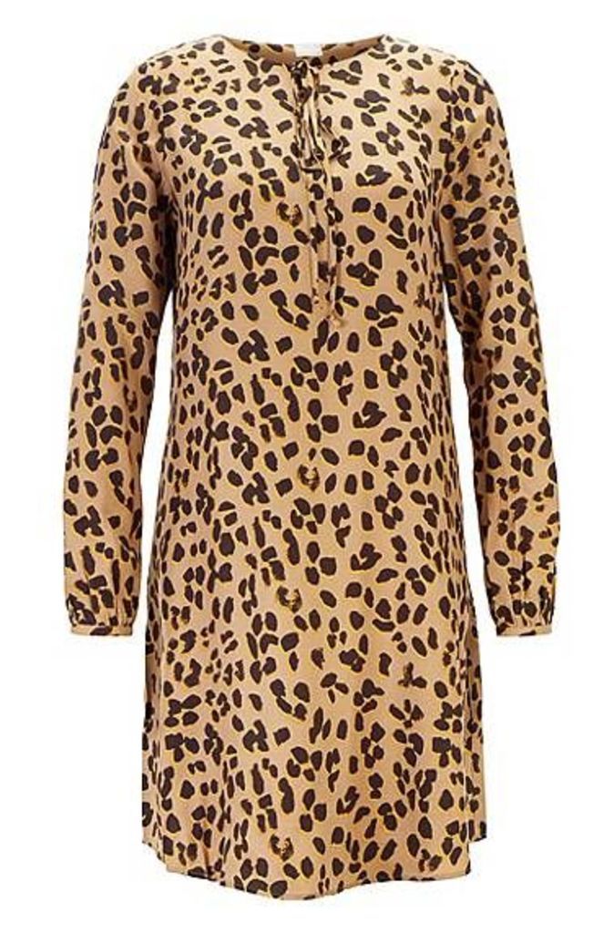 Long-sleeved tunic dress in printed twill with silk