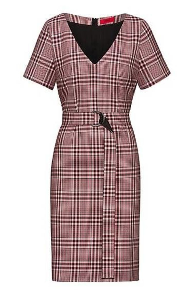 Pencil dress in checked stretch fabric with D-ring belt