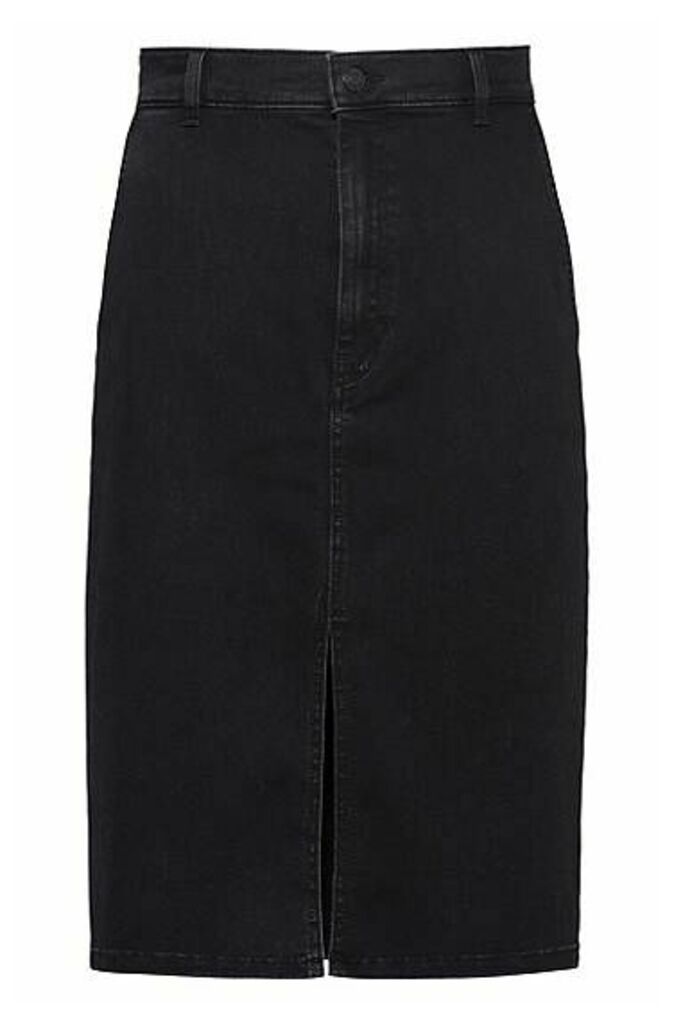 Dark-grey stretch denim pencil skirt with front slit