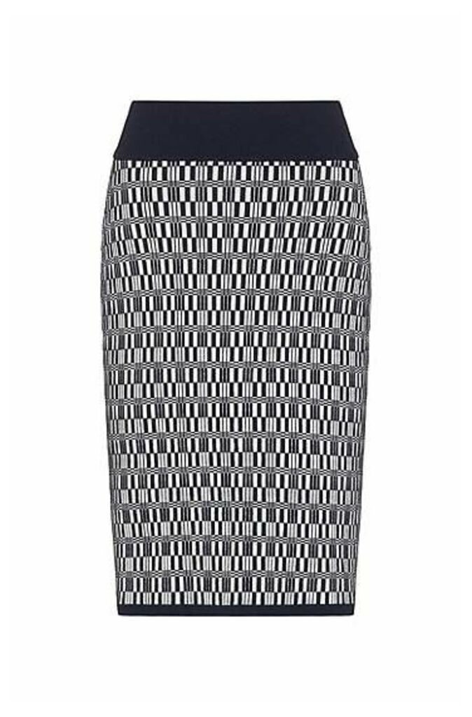 Patterned knitted pencil skirt with ribbed waistband