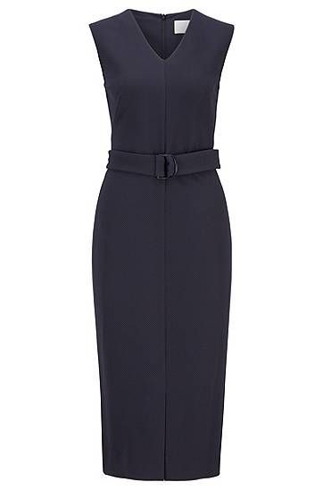 Sleeveless shift dress in stretch twill with belted waist