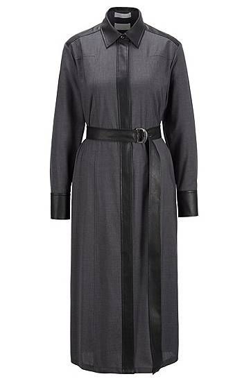 Traceable-wool shirt dress with faux-leather accents