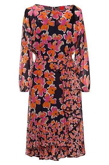 Belted dress in cotton and silk with floral print