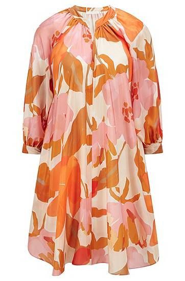 Silk dress with all-over print and stand collar