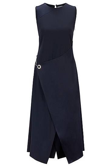 Sleeveless shift dress with asymmetric skirt and hardware trim