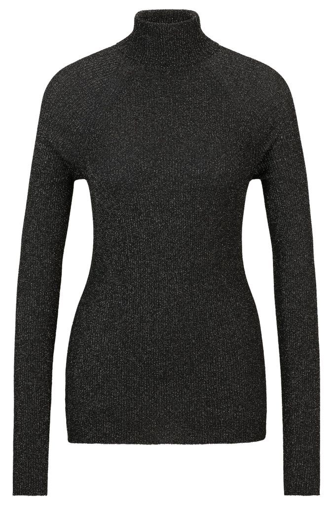 Ribbed sweater in metallised fabric with mock neckline