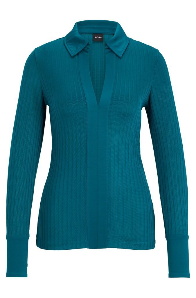 Ribbed long-sleeved blouse with Johnny collar