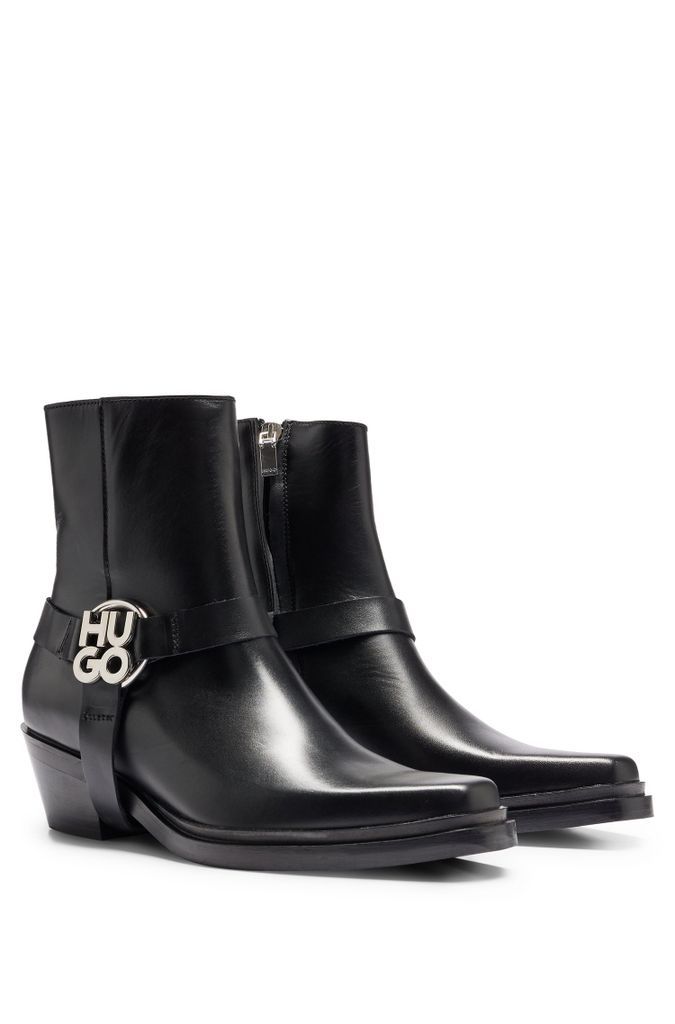 Ankle boots in leather with metallic stacked-logo trim
