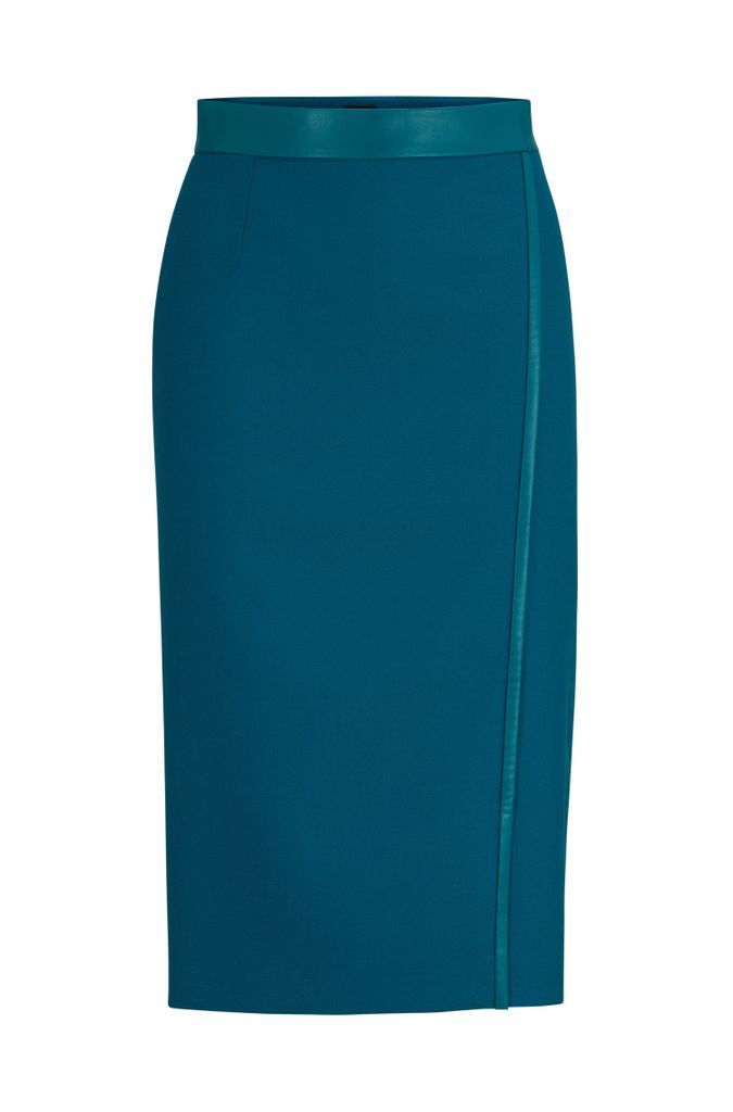 Pencil skirt in wool twill with faux-leather trims