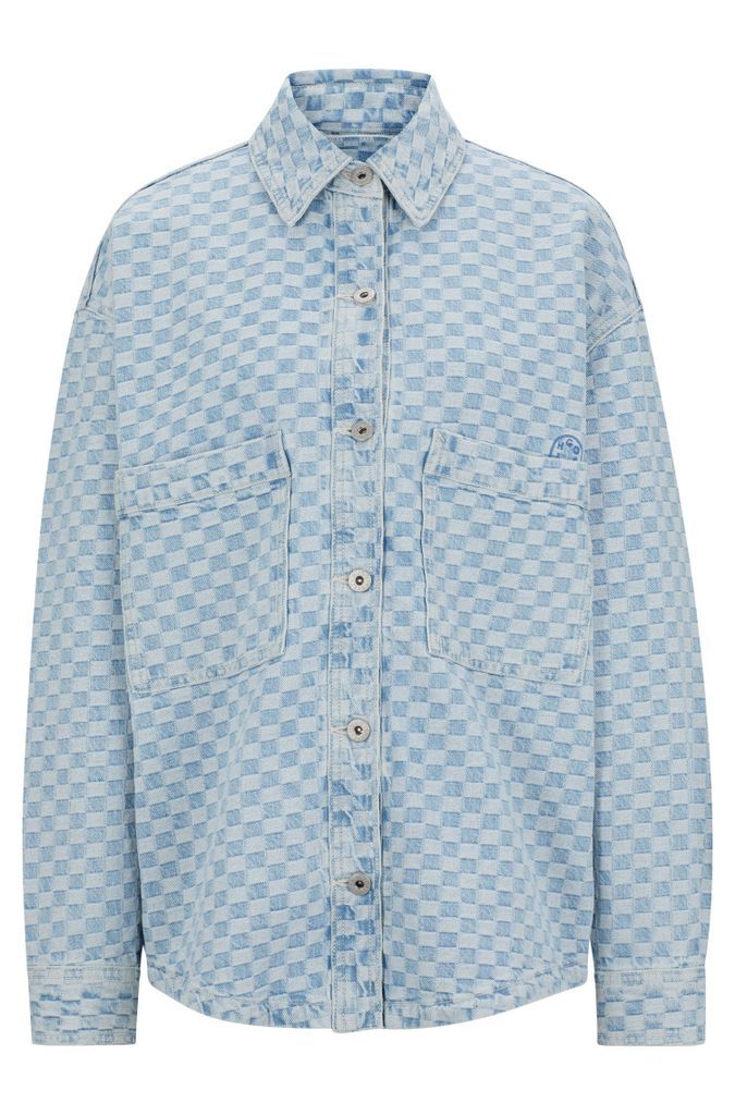 Blue-denim jacket with checkerboard jacquard