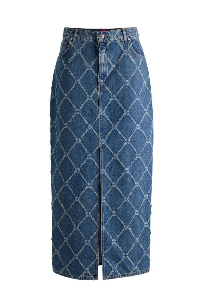 Rigid-denim maxi skirt with stacked-logo pattern