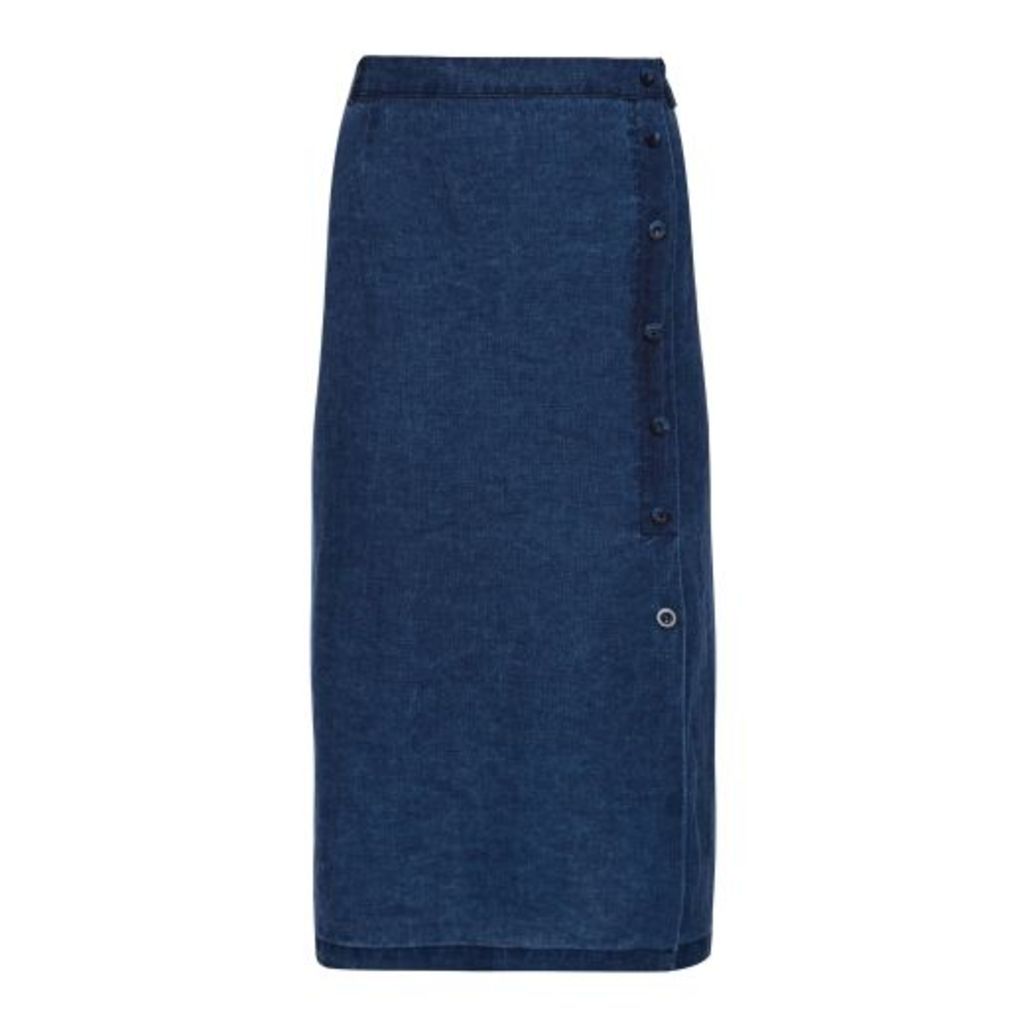 Textured Indigo Linen Side Button Midi Skirt