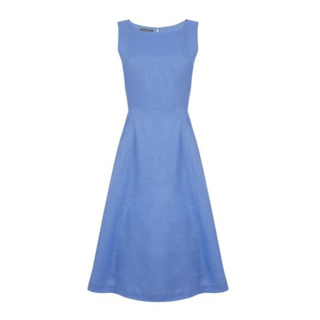 Blue Seam Detail Fit and Flare Linen Dress