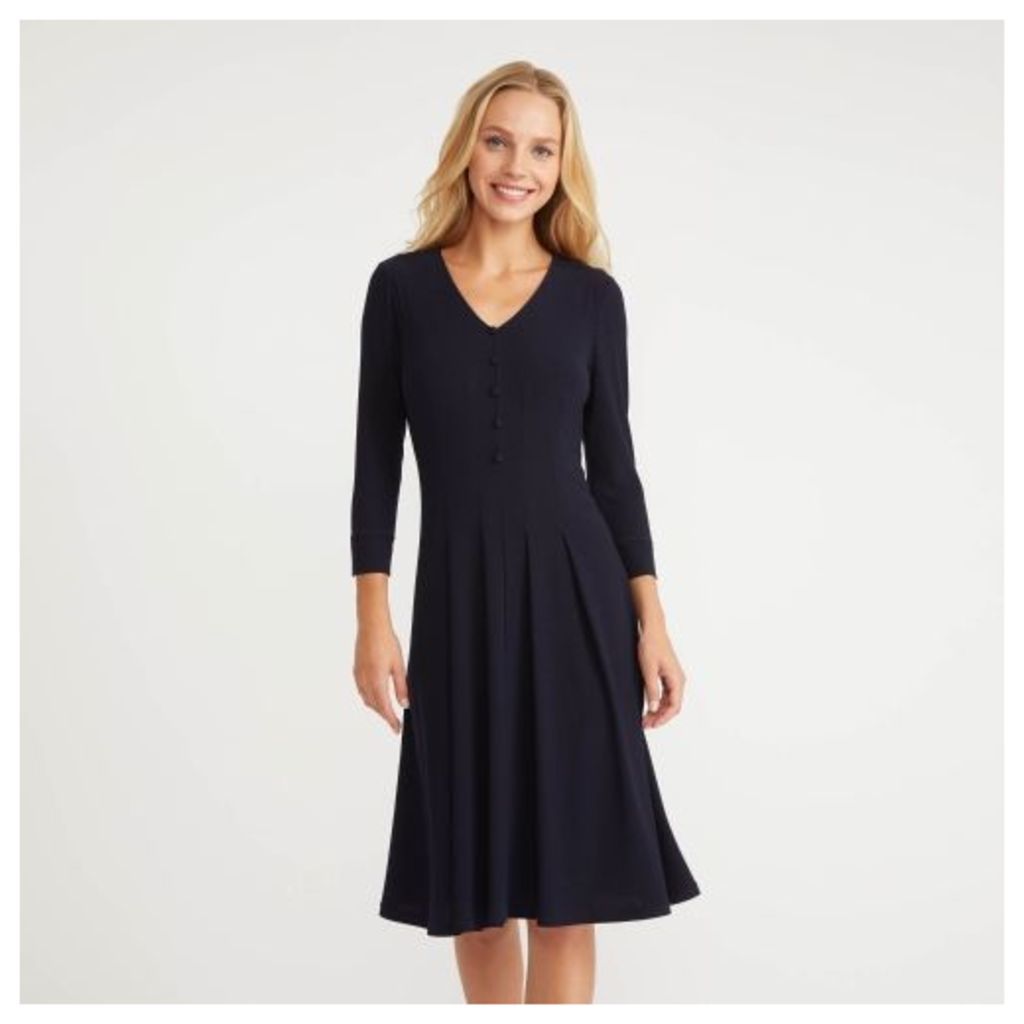 Navy Button Up Fit and Flare Crepe Dress