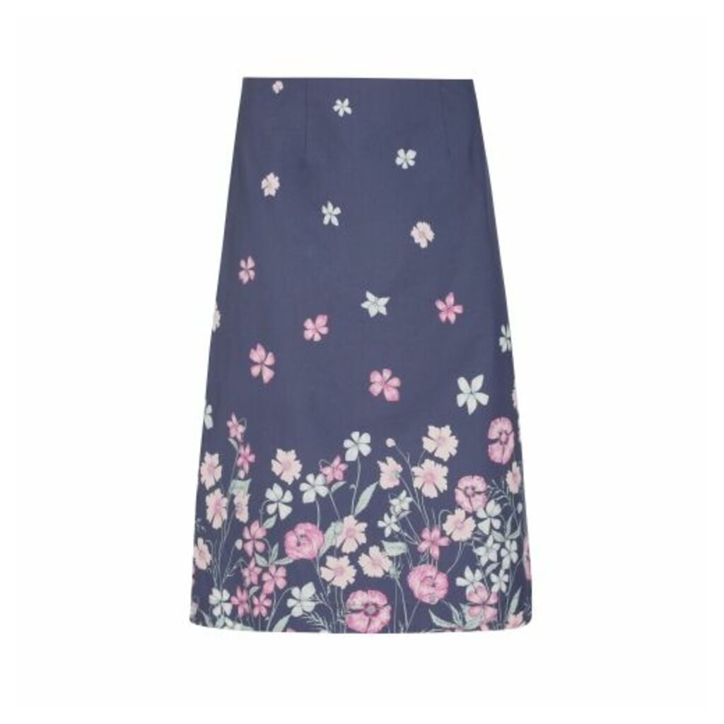 Blue Floral Placement  ALine Midi Skirt