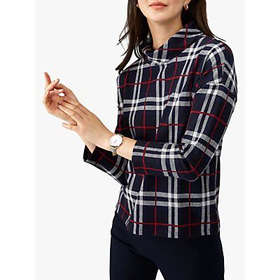 Jersey Roll Neck Top, Navy Check