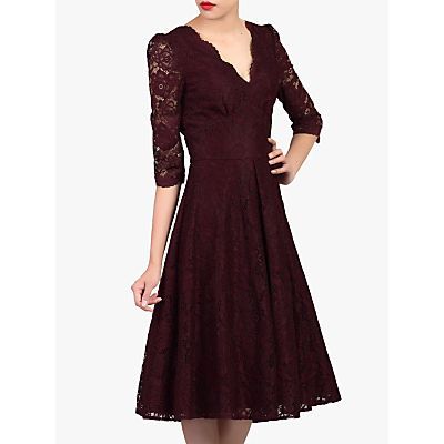 Puff Shoulder V-Neck Lace Dress, Burgundy