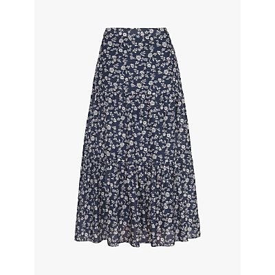 Loriane Cotton and Silk Mix Floral A-Line Midi Skirt, Blue