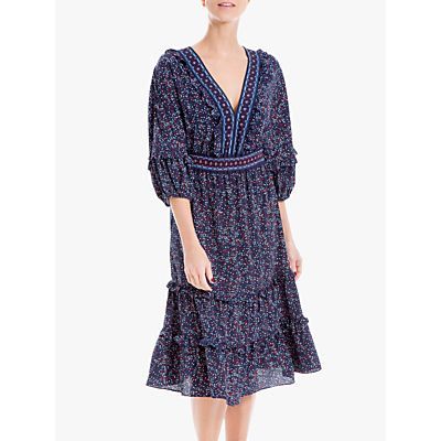 3/4 Sleeve Abstract Print Tiered Dress, Navy/Red