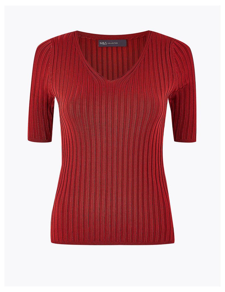 M&S Collection Ribbed V-Neck Short Sleeve Knitted Top