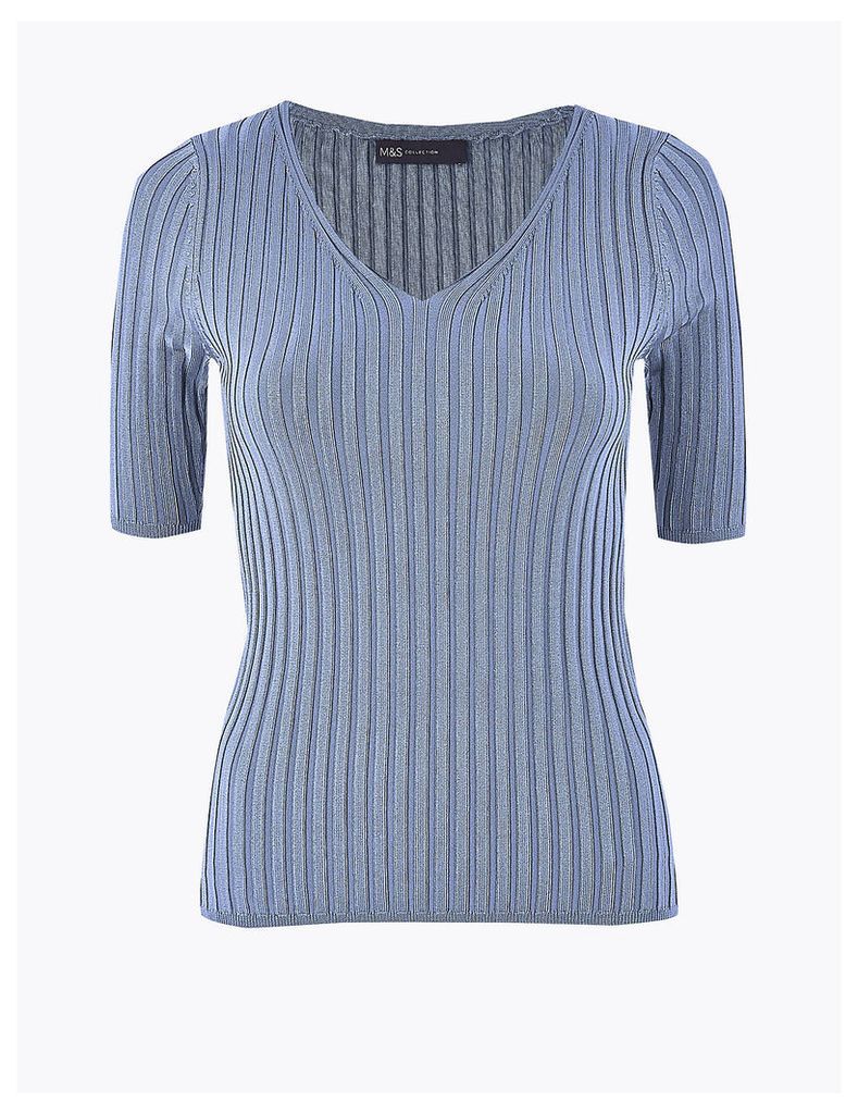 M&S Collection Ribbed V-Neck Short Sleeve Knitted Top