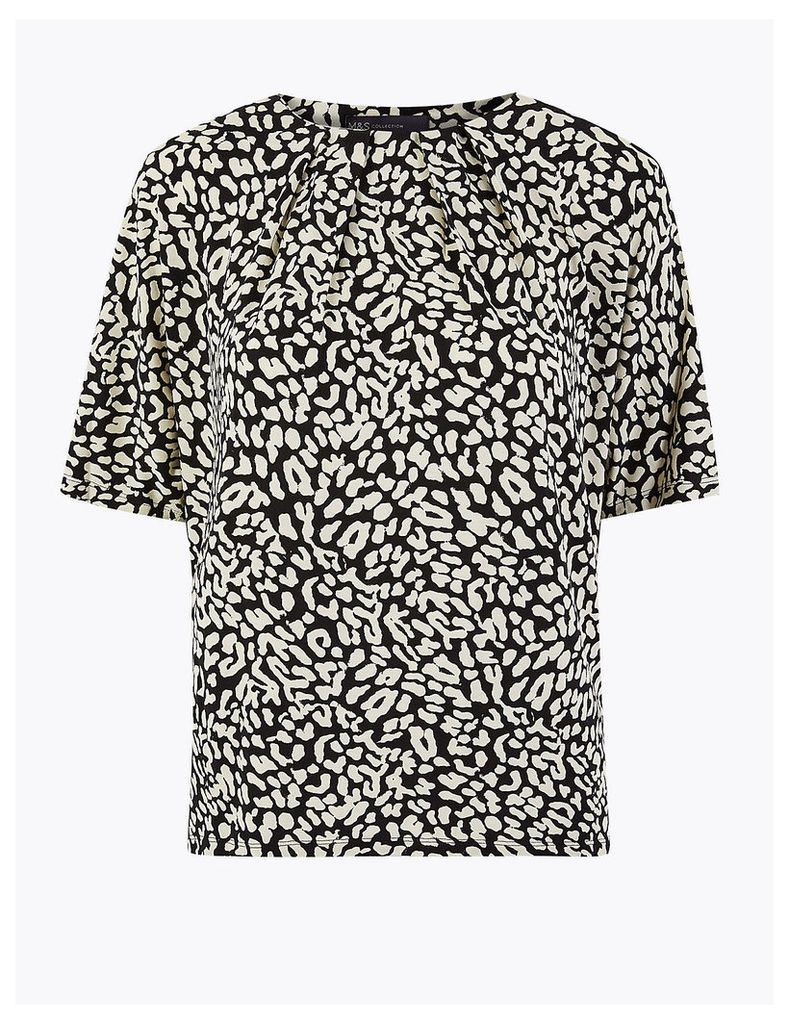 M&S Collection Animal Print Pleat Neck Short Sleeve Top