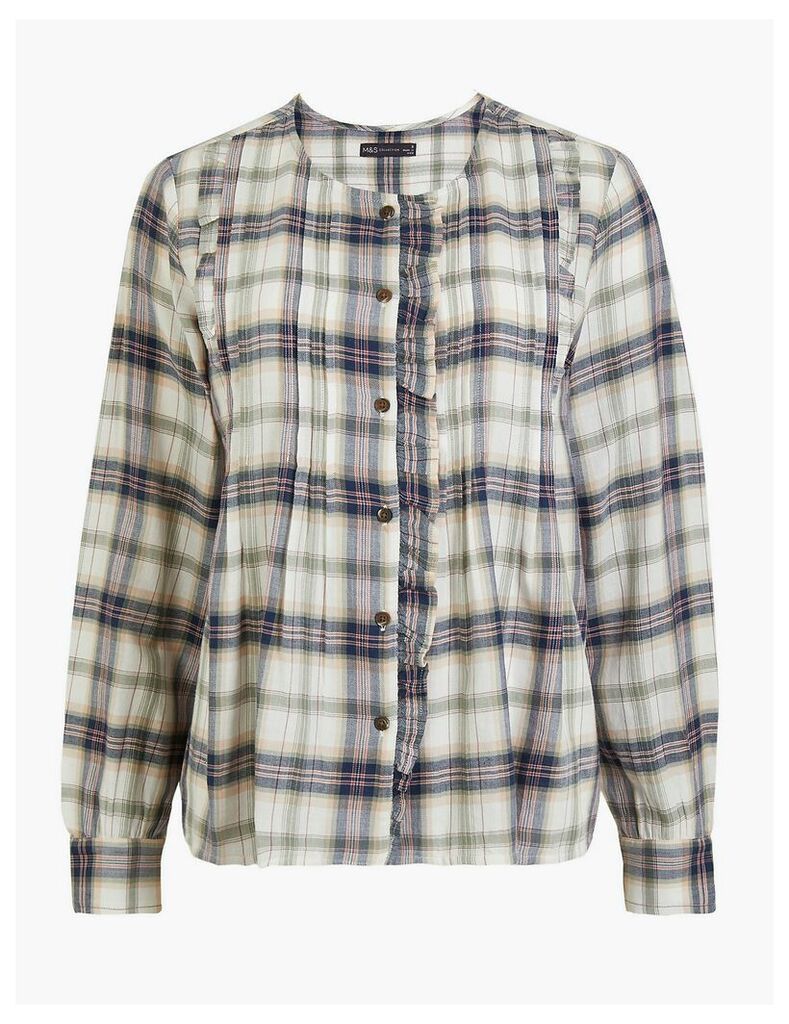 M&S Collection Cotton Rich Pintuck Checked Blouse
