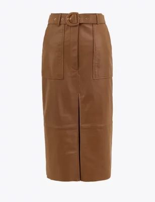 M&S Autograph Womens Leather Belted Midi Pencil Skirt - 22 - Camel, Camel