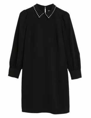 Womens Collared Knee Length Shift Dress - 14REG - Black, Black