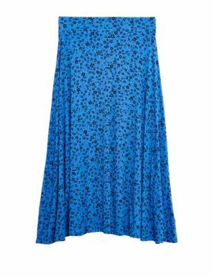 Womens Jersey Ditsy Floral Midi Skater Skirt - 6LNG - Blue Mix, Blue Mix