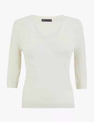 Womens Textured Knitted V-Neck Top - 22 - Cream, Cream