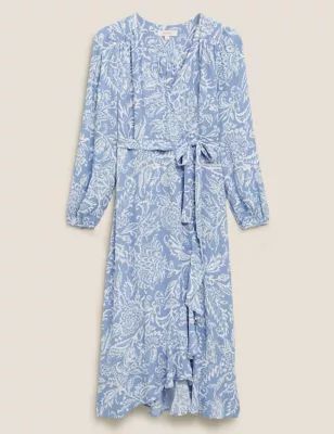 M&S Per Una Womens Floral Blouson Sleeve Midaxi Wrap Dress - 22 - Blue Mix, Blue Mix