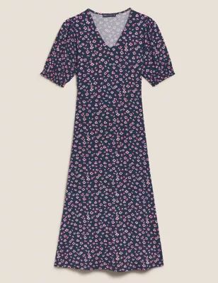 Womens Jersey Floral V-Neck Midi Tea Dress - 10LNG - Navy Mix, Navy Mix