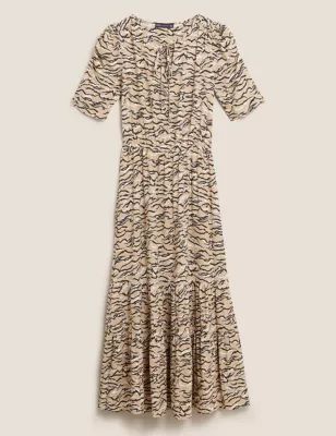 Womens Animal Print Tie Neck Midi Waisted Dress - 8LNG - Ochre, Ochre