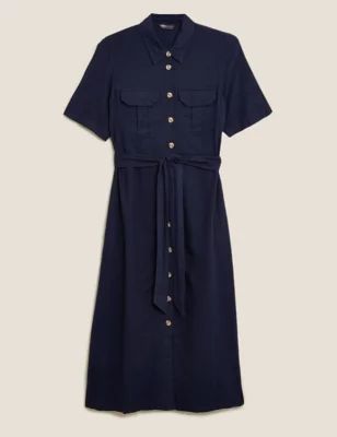 Womens Linen Collared Midi Shirt Dress