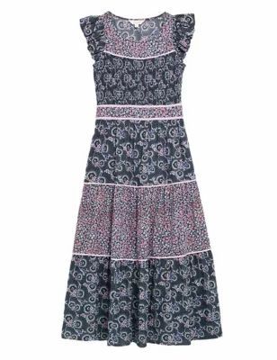 M&S Per Una Womens Ditsy Floral Frill Sleeve Tiered Dress - 18 - Navy Mix, Navy Mix
