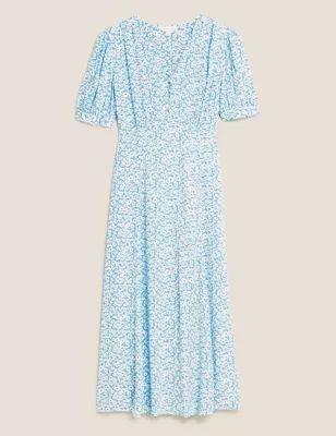 Womens Floral V-Neck Puff Sleeve Midi Tea Dress - 14REG - Blue Mix, Blue Mix