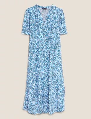 Womens Floral V-Neck Midi Tiered Dress - 12REG - Blue Mix, Blue Mix