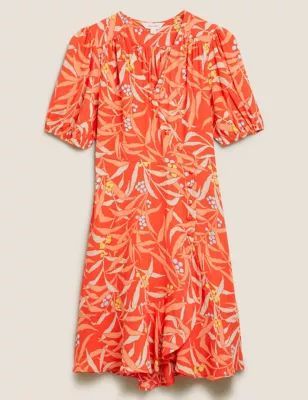 M&S Per Una Womens Leaf Print V-Neck Knee Length Wrap Dress