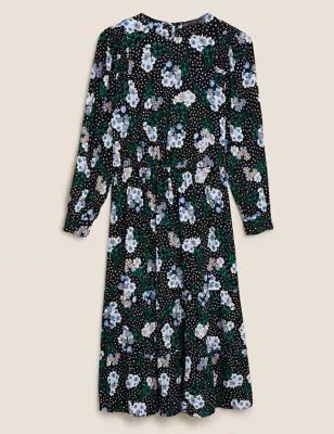 Womens Floral Round Neck Midi Waisted Dress